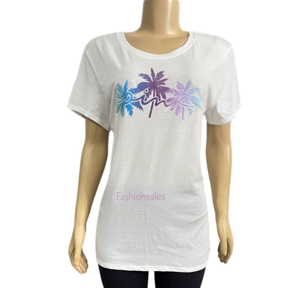Victoria’s Secret Pink Everyday Crew Neck T-shirt Shimmer Palms White - Picture 2 of 5
